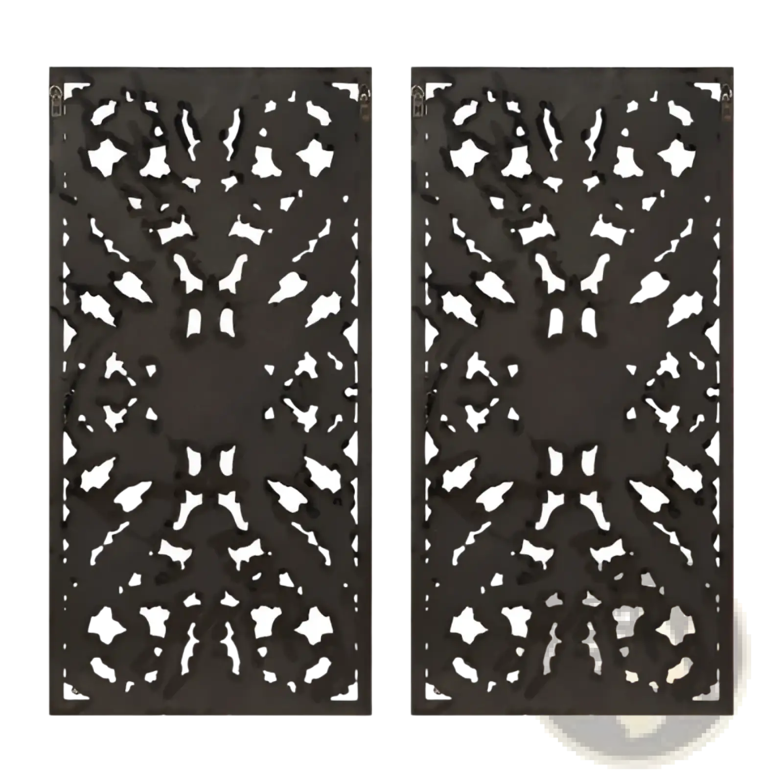 Black metal decorative panels featuring intricate symmetrical cut-out patterns for carved wood wall decor set