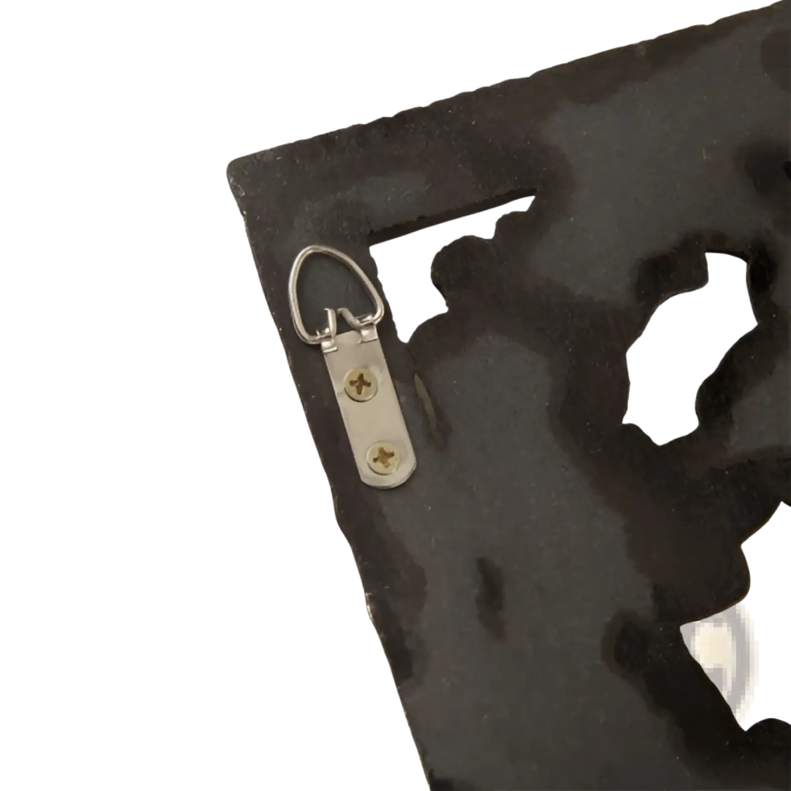 Black wrought iron decorative wall hanging with intricate cutout design and silver-toned mounting bracket for wall decor