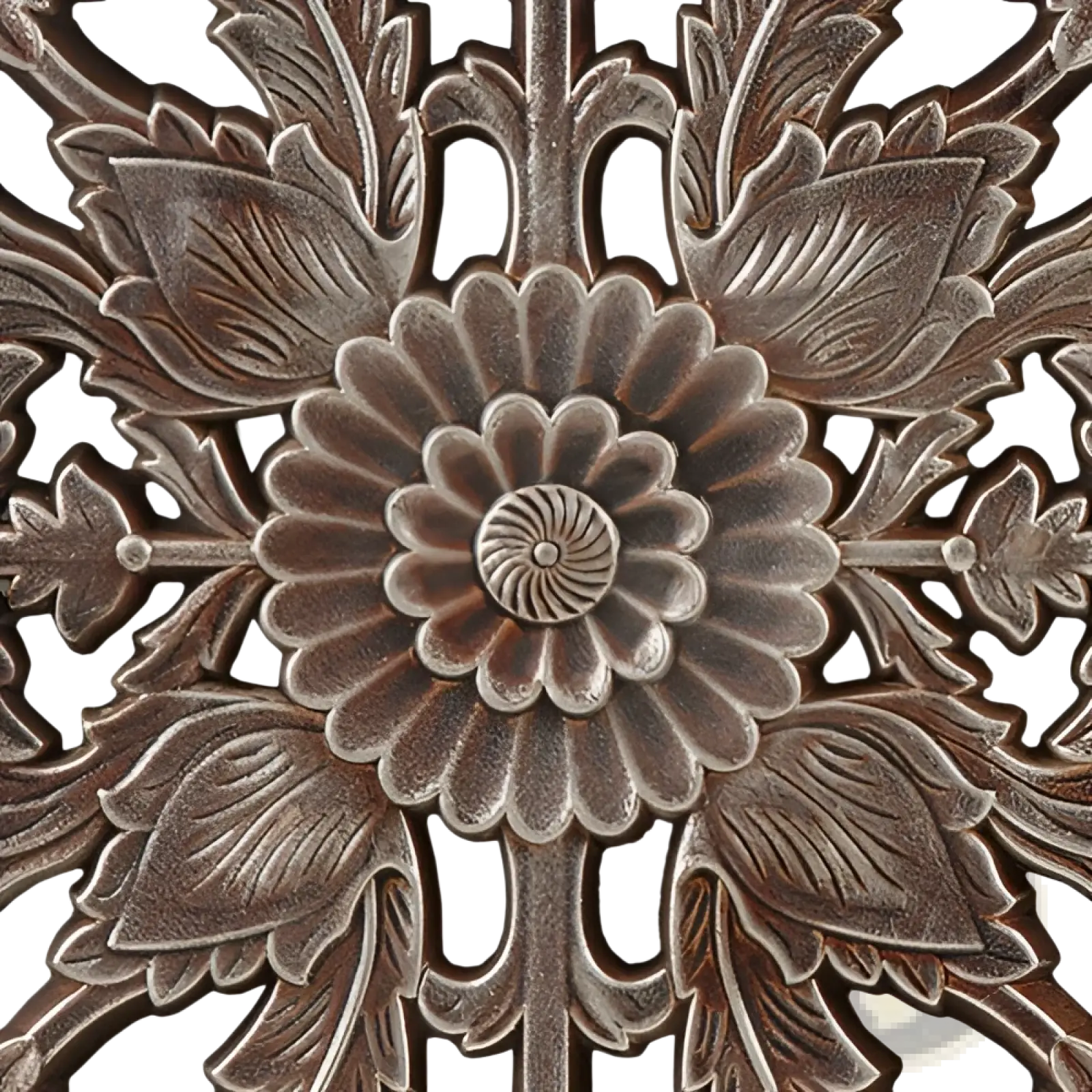 Antique bronze-colored metal carved wood wall decor set with intricate floral design and distressed botanical panels