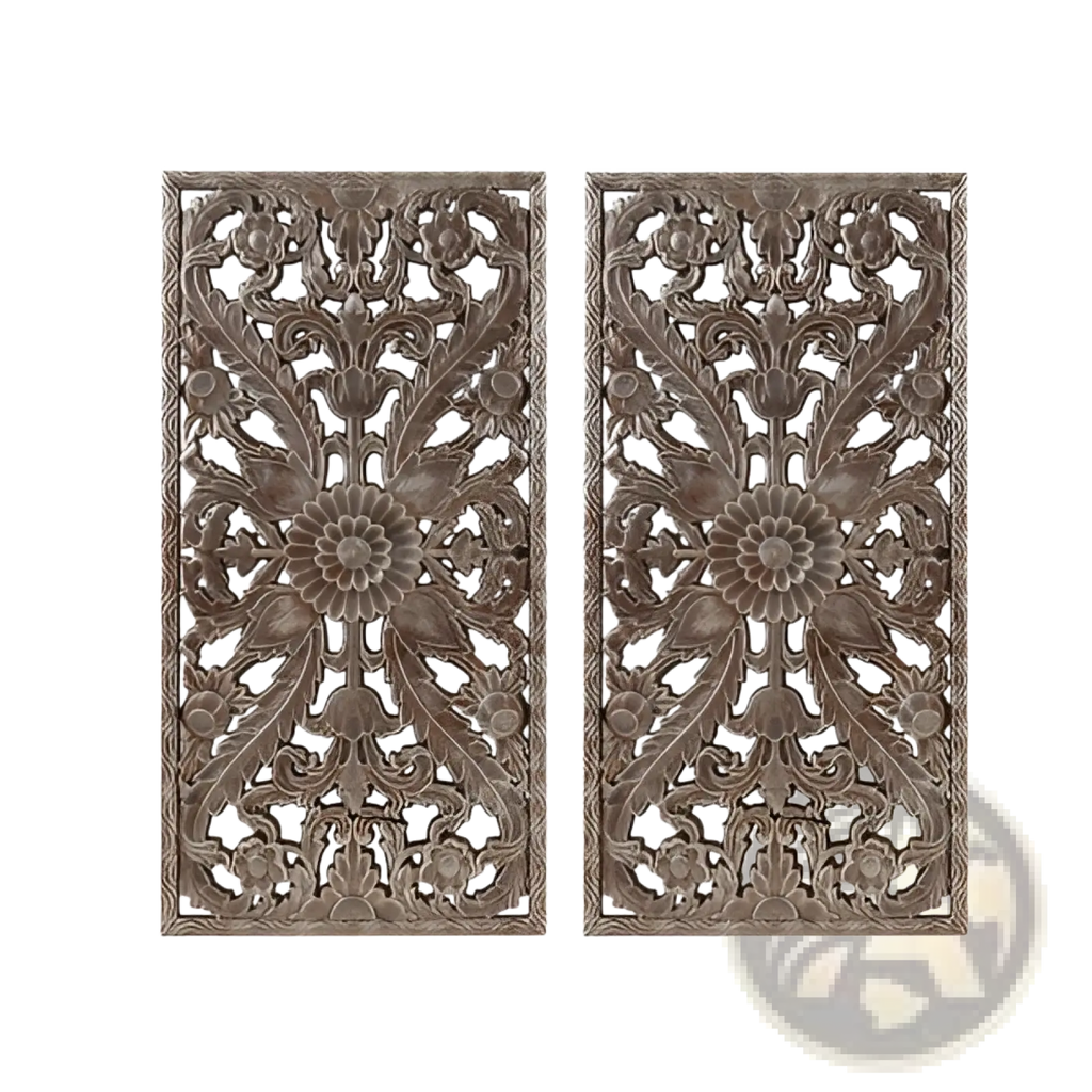 Pair of intricately carved bronze-toned wooden wall decor panels featuring distressed botanical floral and leaf motifs