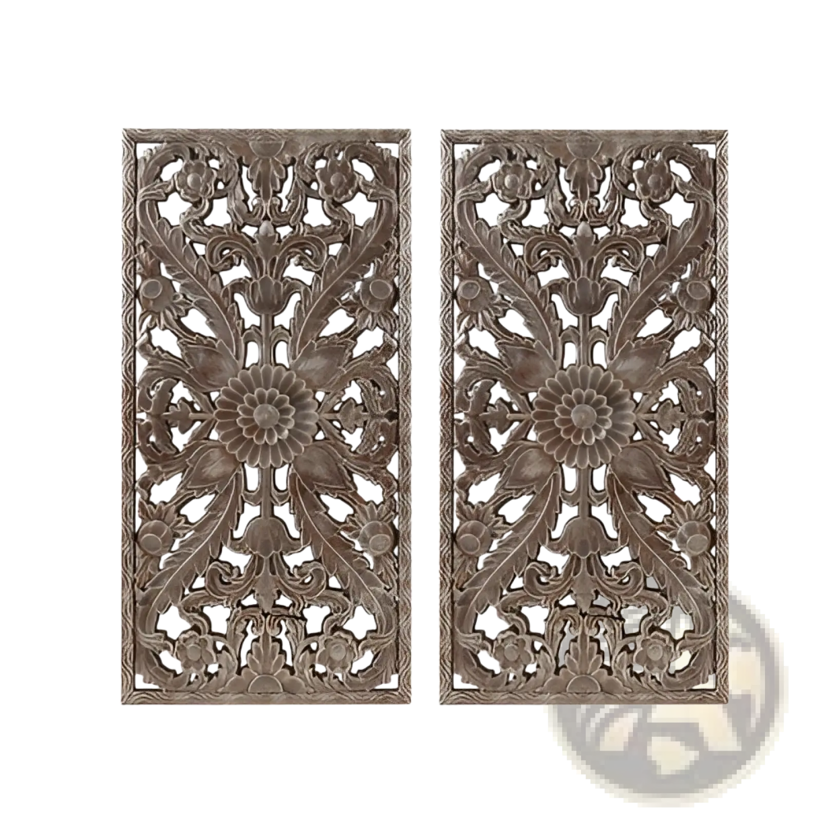 Pair of intricately carved bronze-toned wooden wall decor panels featuring distressed botanical floral and leaf motifs