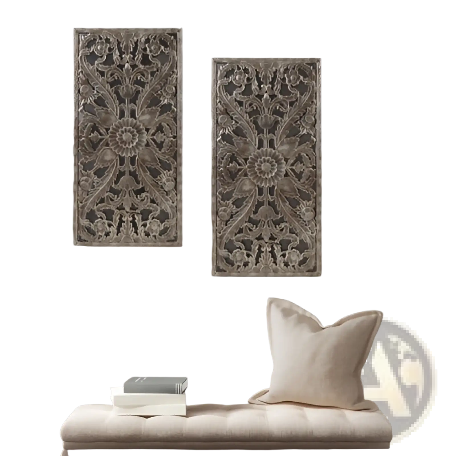 Two silver-toned carved wooden wall panels with intricate floral and geometric patterns for distressed botanical decor
