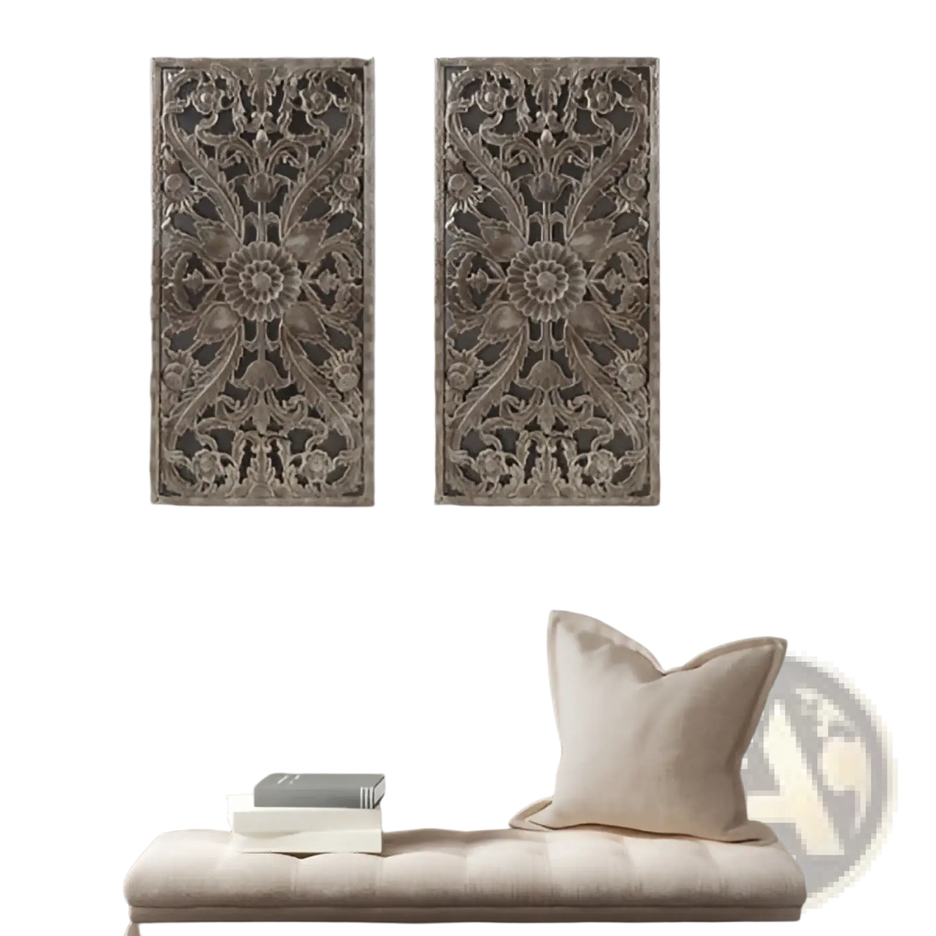 Silver-toned intricately carved wooden wall art panels with floral symmetrical patterns distressed botanical decor set