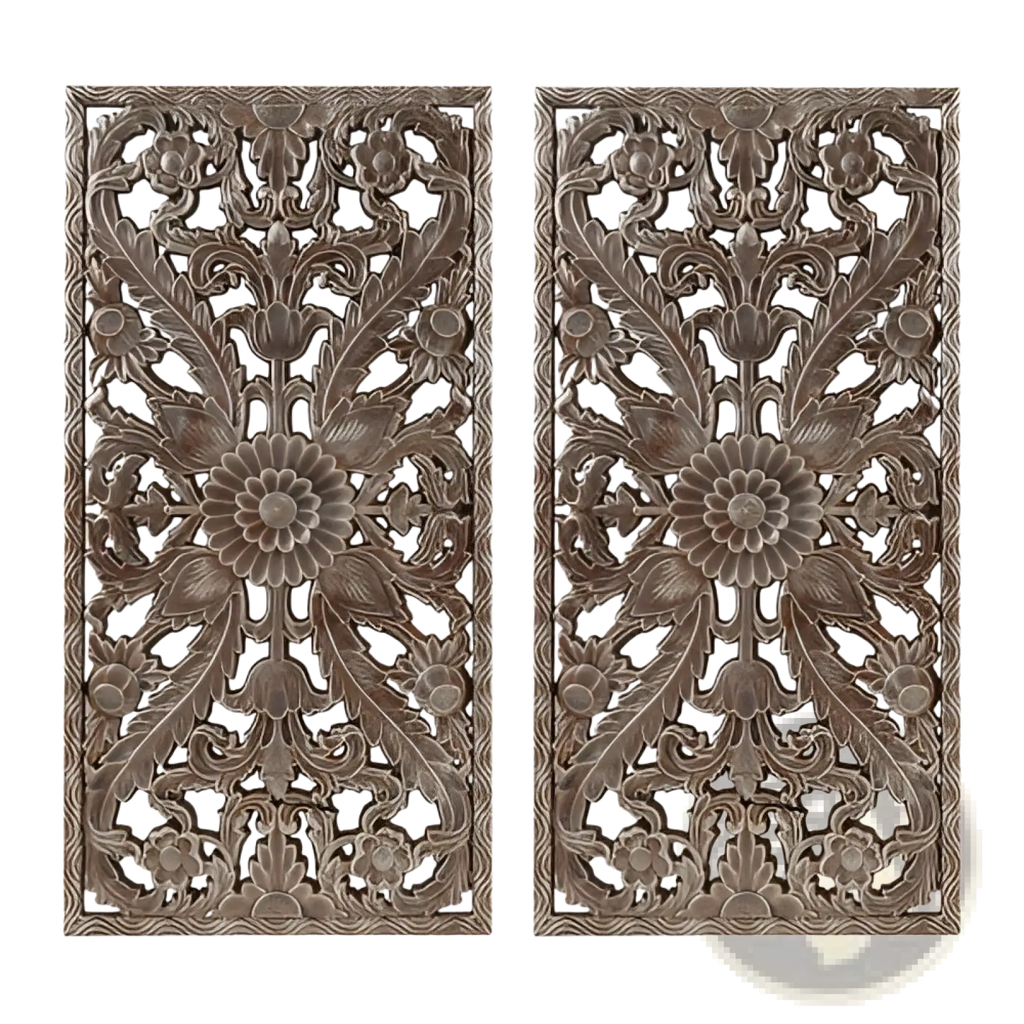 Pair of dark bronze carved wood wall decor panels featuring intricate distressed botanical floral and leaf designs