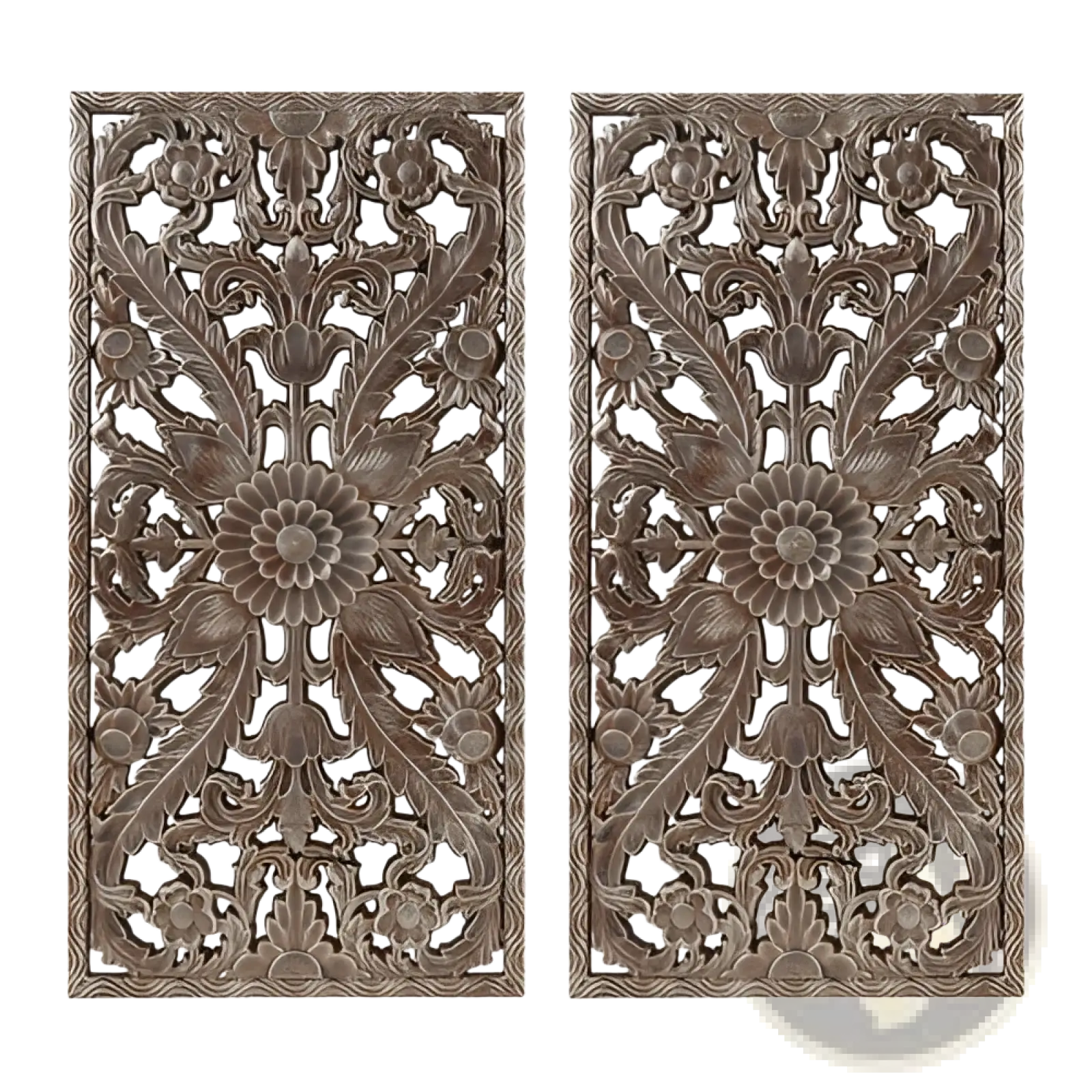 Pair of dark bronze carved wood wall decor panels featuring intricate distressed botanical floral and leaf designs