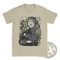 Beige cotton short-sleeved Caseoh Merch graphic t-shirt with stylized bearded man in headphones holding black cat and gold accents