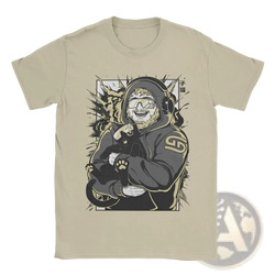 Beige cotton short-sleeved Caseoh Merch graphic t-shirt with stylized bearded man in headphones holding black cat and gold accents