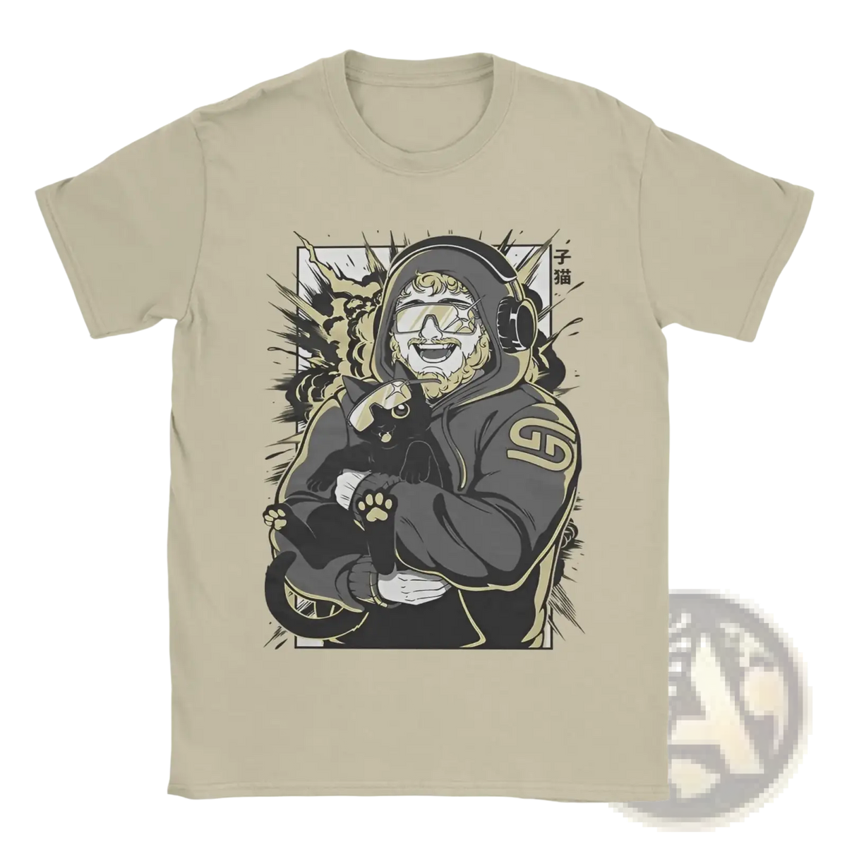 Beige cotton short-sleeved Caseoh Merch graphic t-shirt with stylized bearded man in headphones holding black cat and gold accents