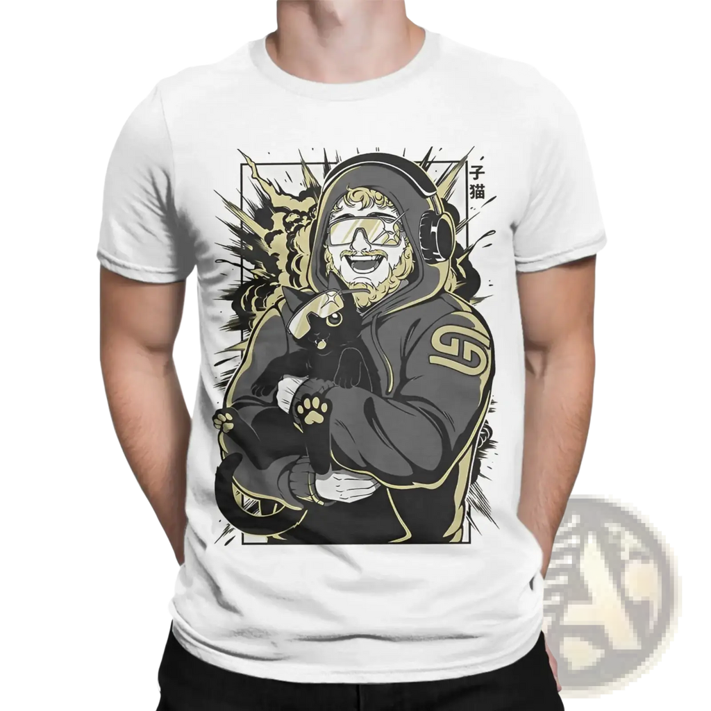 White cotton Caseoh Merch graphic t-shirt featuring a bearded man in headphones holding a black cat with gold detailing