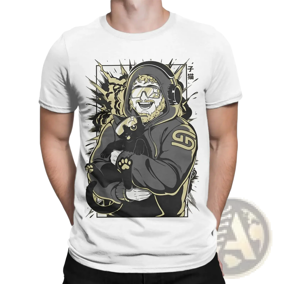 White cotton Caseoh Merch graphic t-shirt featuring a bearded man in headphones holding a black cat with gold detailing