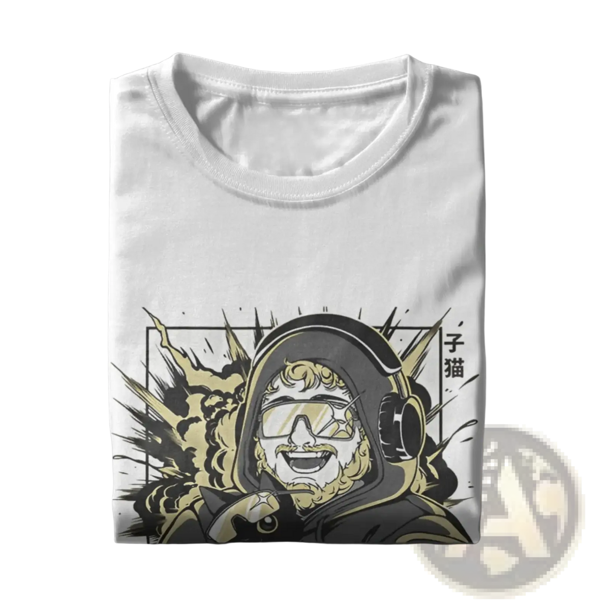 White cotton caseoh merch t-shirt featuring a bold graphic of a bearded man with headphones and yellow black splatter effects