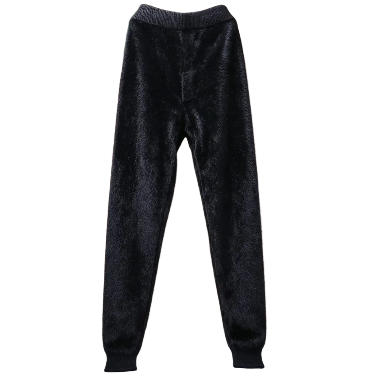 Black cashmere knit winter leggings with faux-fur lining and ribbed waistband and cuffs for added warmth and comfort