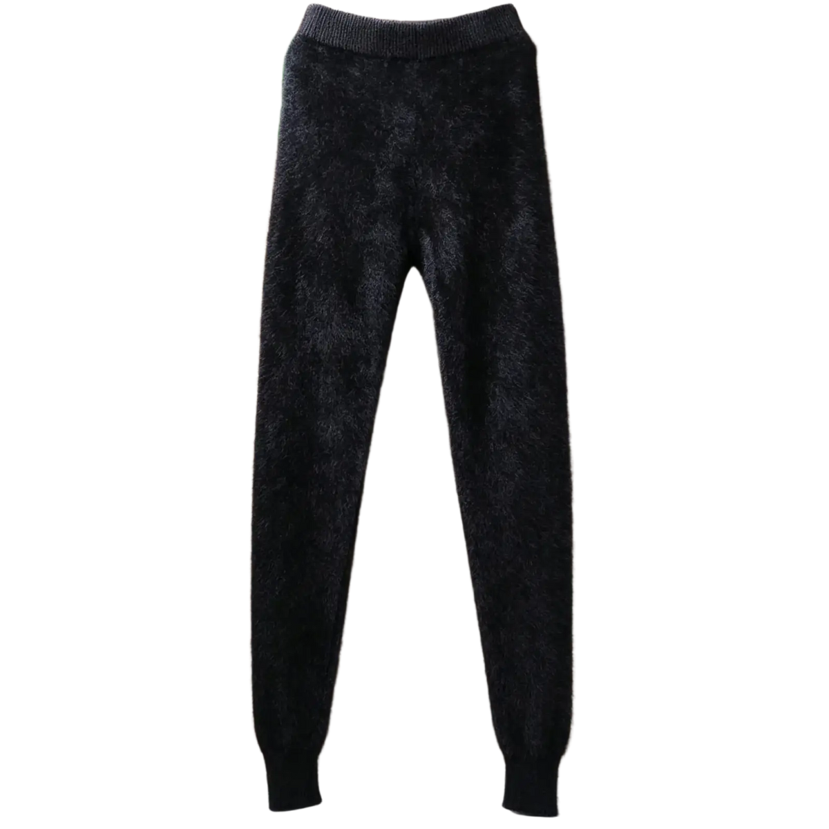 Black fuzzy cashmere knit winter leggings with ribbed waistband and cuffs for cold weather comfort