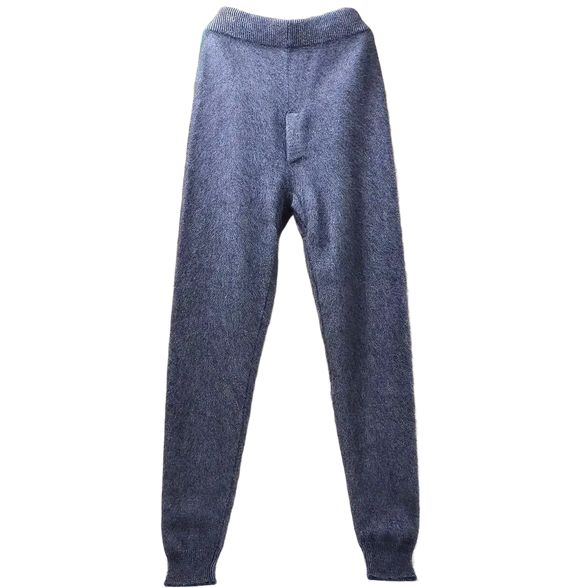 Gray cashmere knit winter leggings with soft fuzzy texture and ribbed cuffs for cold weather comfort