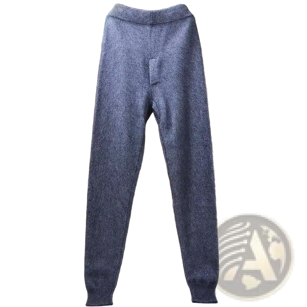 Gray cashmere knit winter leggings with soft fuzzy texture and ribbed cuffs for cold weather comfort