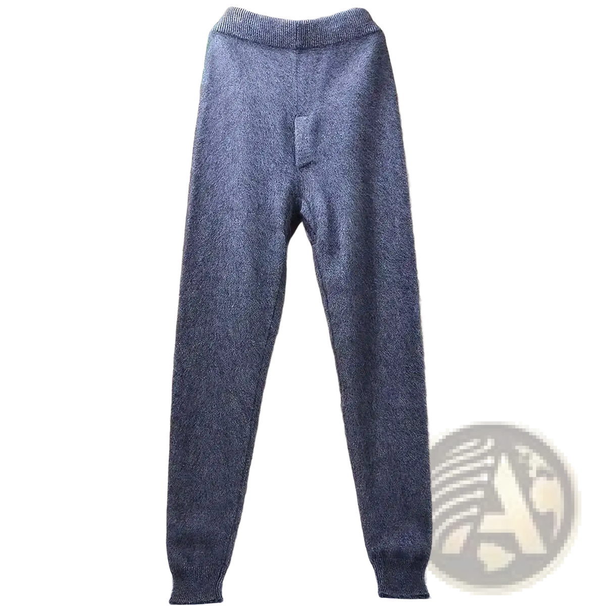 Gray cashmere knit winter leggings with soft fuzzy texture and ribbed cuffs for cold weather comfort