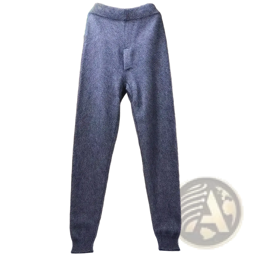 Gray cashmere knit winter leggings with soft fuzzy texture and ribbed cuffs for comfortable cold weather wear