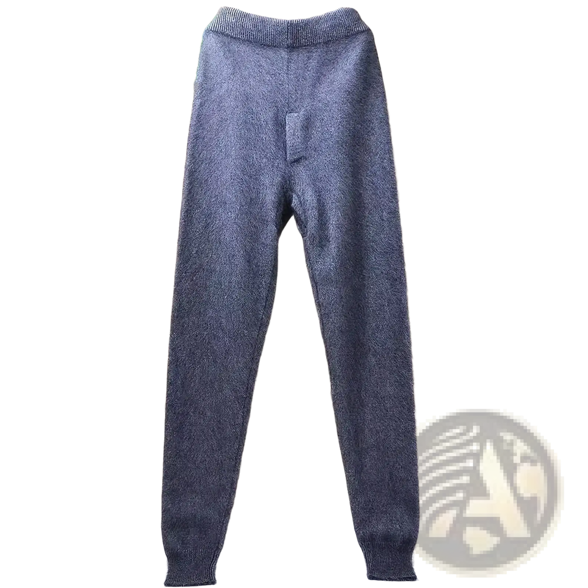 Gray cashmere knit winter leggings with soft fuzzy texture and ribbed cuffs for comfortable cold weather wear