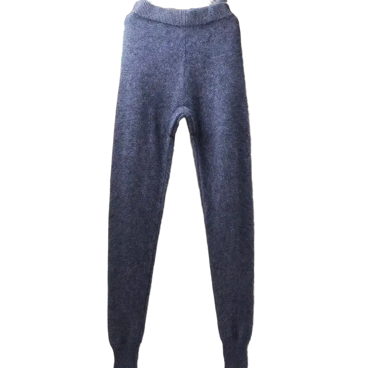 A pair of dark gray cashmere knit winter leggings with a soft fuzzy texture and ribbed cuffs for cozy wear