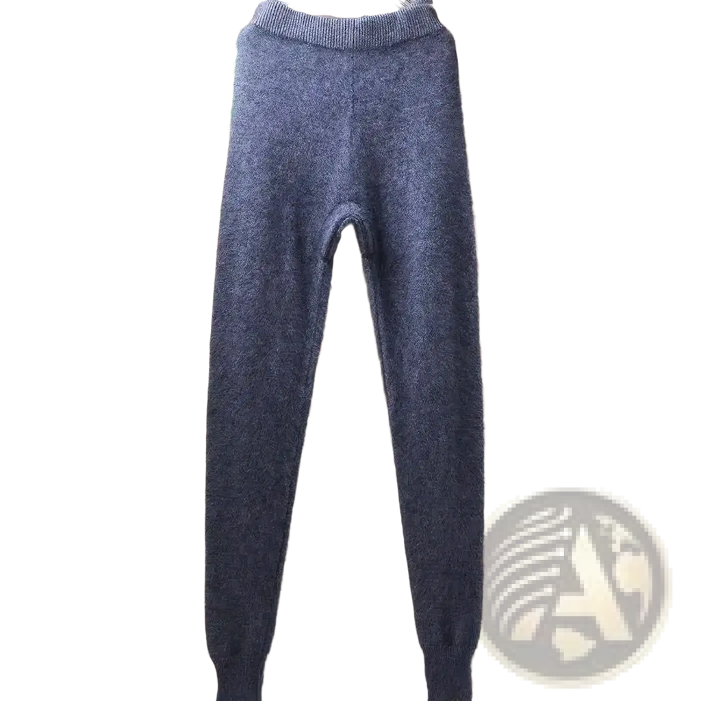 A pair of dark gray cashmere knit winter leggings with a soft fuzzy texture and ribbed cuffs for cozy wear