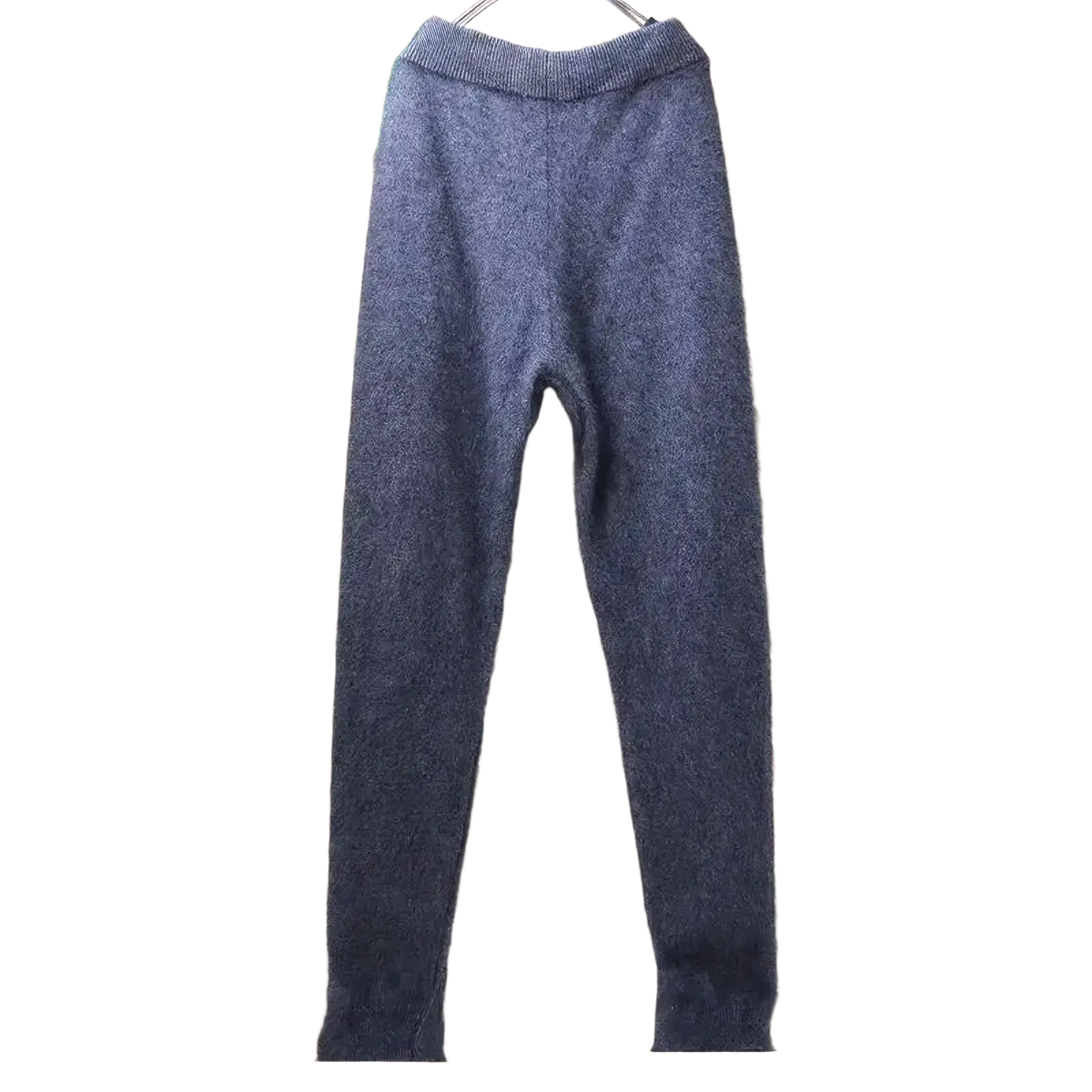 A pair of dark gray fuzzy cashmere knit winter leggings with ribbed waistband and cuffs