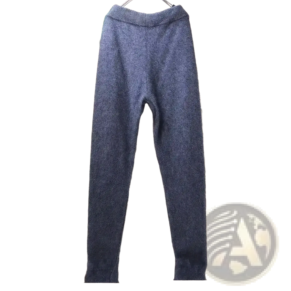 A pair of dark gray fuzzy cashmere knit winter leggings with ribbed waistband and cuffs