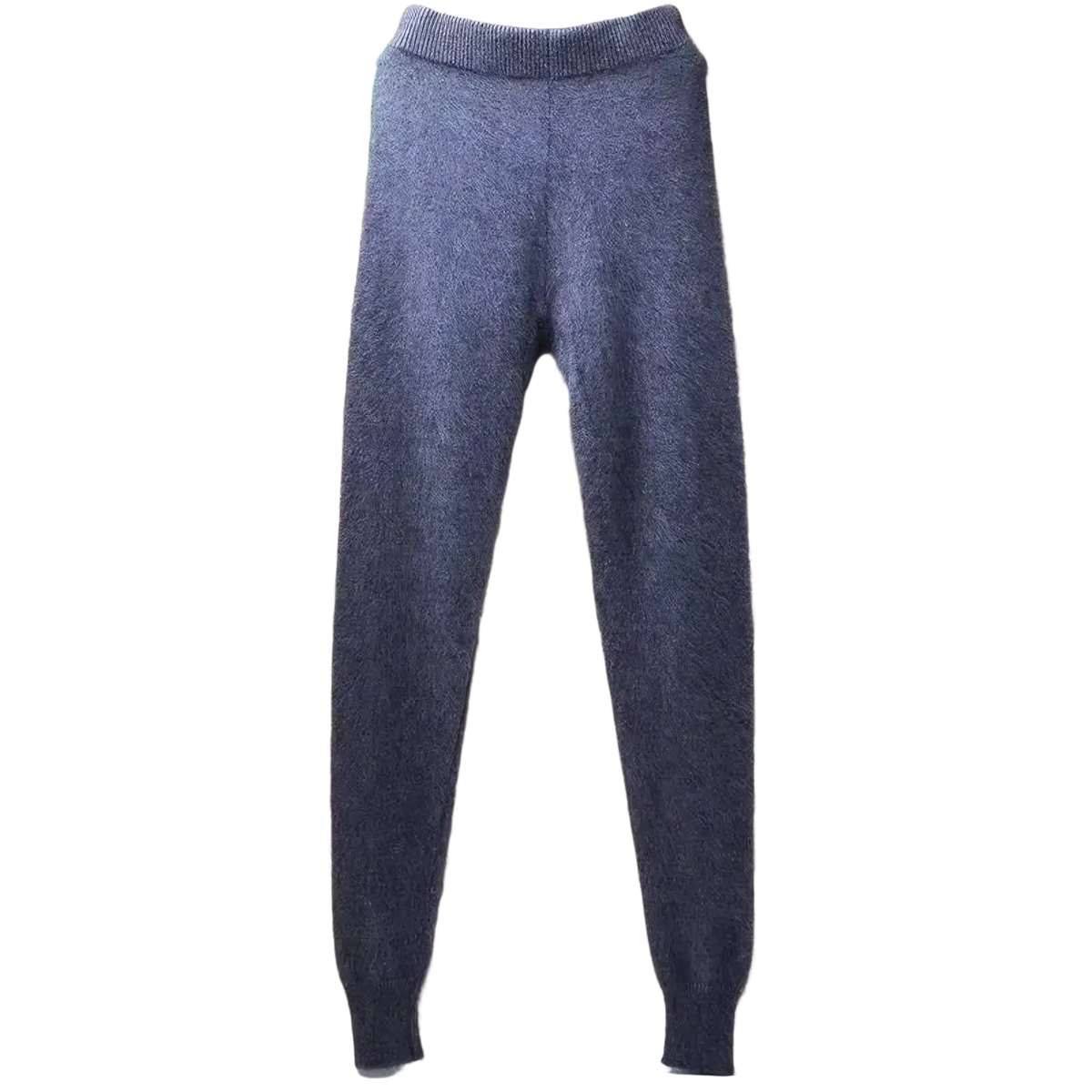 Soft fluffy gray cashmere knit winter leggings with ribbed waistband and cuffs for cozy cold weather wear