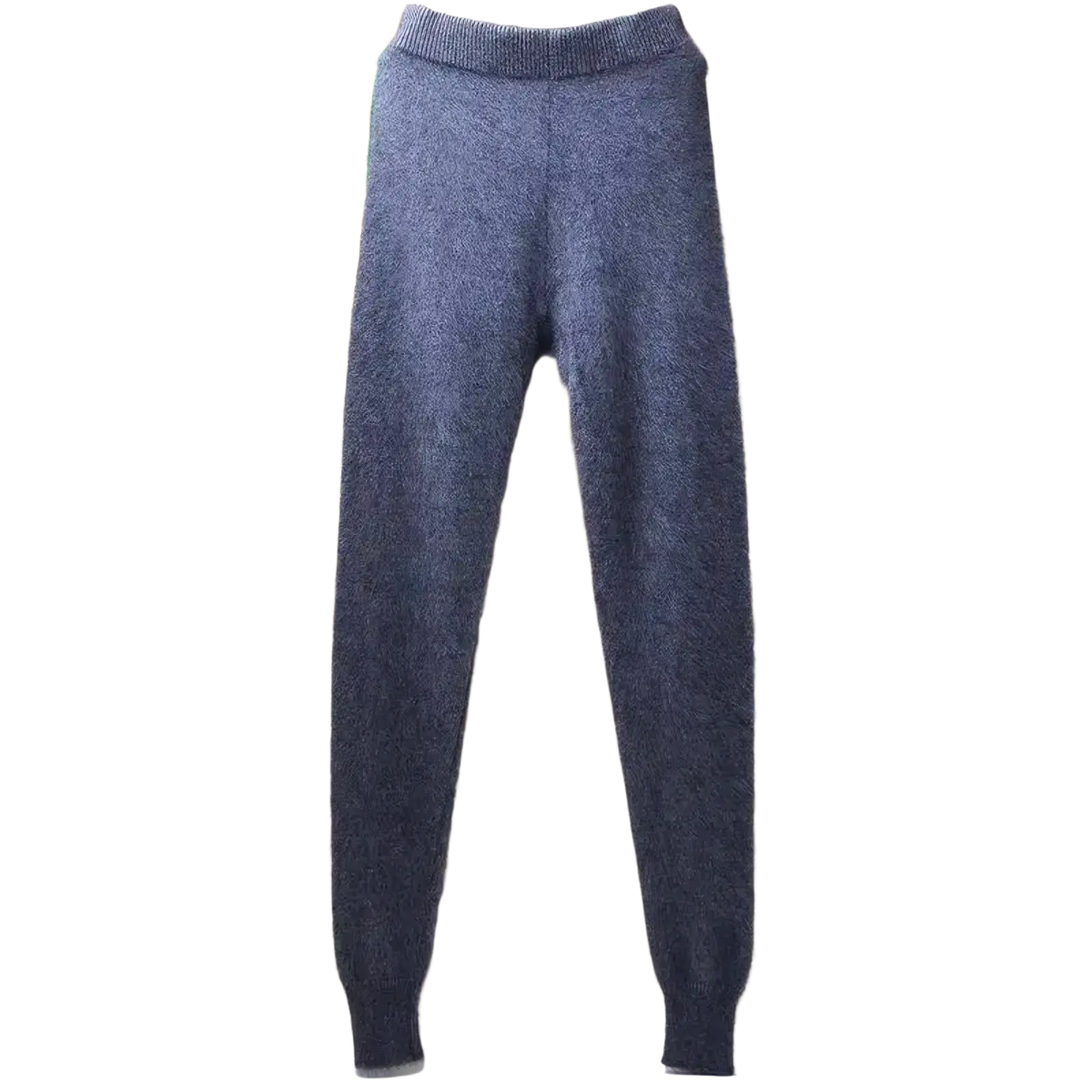 Soft fluffy gray cashmere knit winter leggings with ribbed waistband and cuffs for warmth and comfort