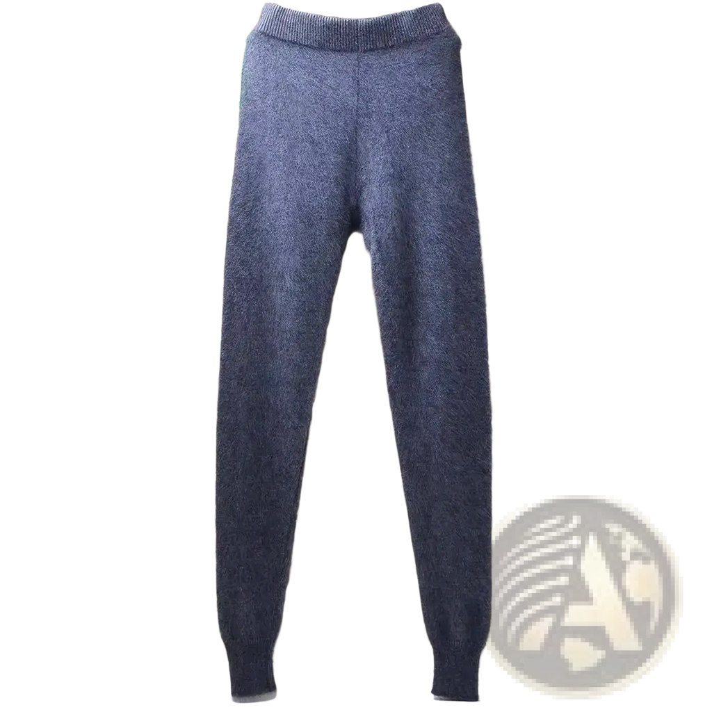 Soft fluffy gray cashmere knit winter leggings with ribbed waistband and cuffs for warmth and comfort