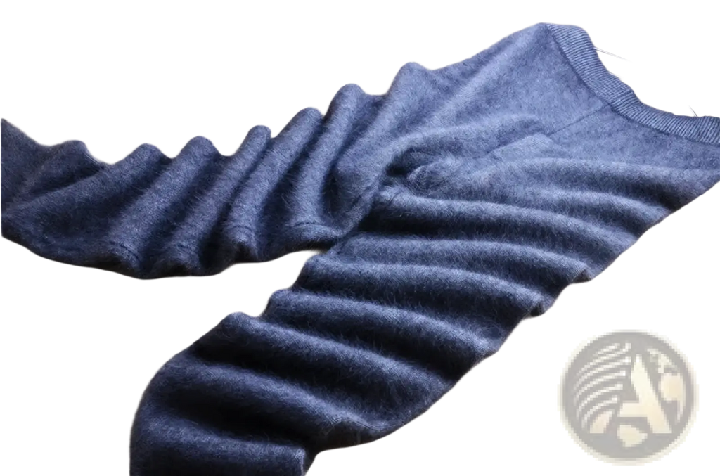 A soft heathered blue cashmere knit winter sweater with ribbed neckline and cuffs for cozy cold-weather wear
