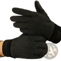Dark gray cashmere look mens winter thermal gloves with textured knit fabric and black ribbed cuffs shown from back side