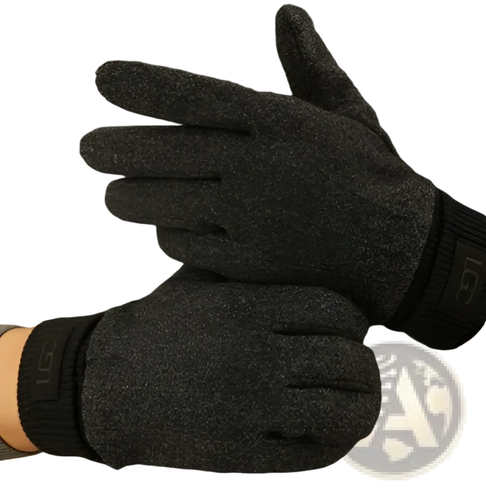 Dark gray cashmere look mens winter thermal gloves with textured knit fabric and black ribbed cuffs shown from back side