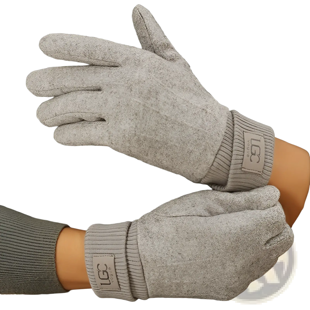 Gray cashmere look mens winter thermal ugg wool gloves with ribbed cuffs and visible brand labels