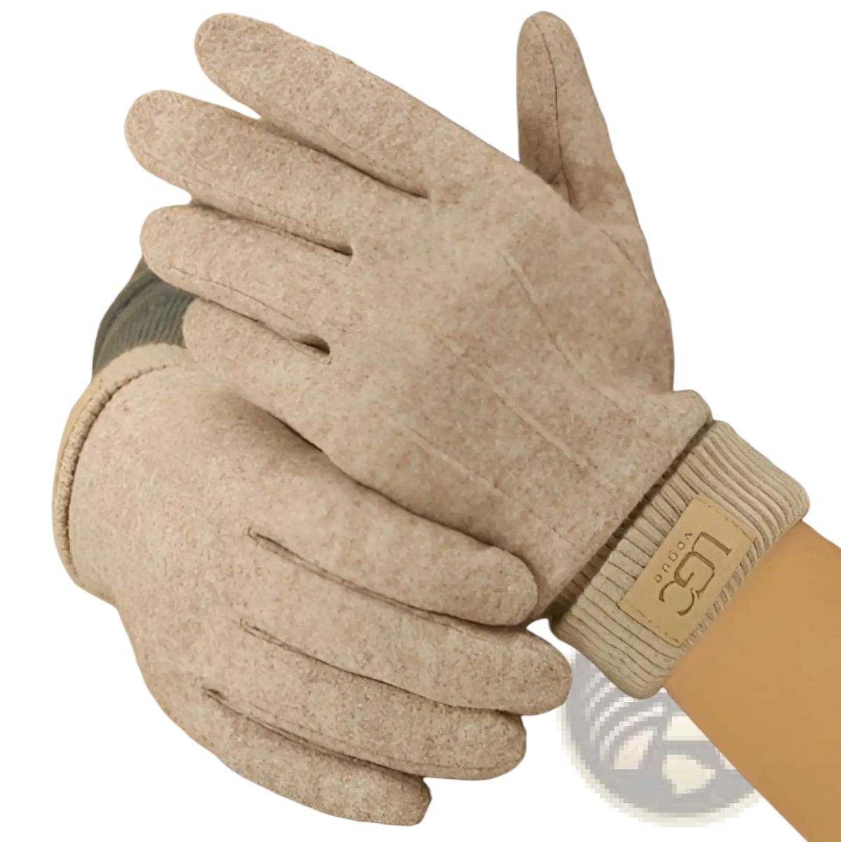 Beige cashmere look mens winter thermal knit gloves with ribbed cuff and woven label on the wrist back side view