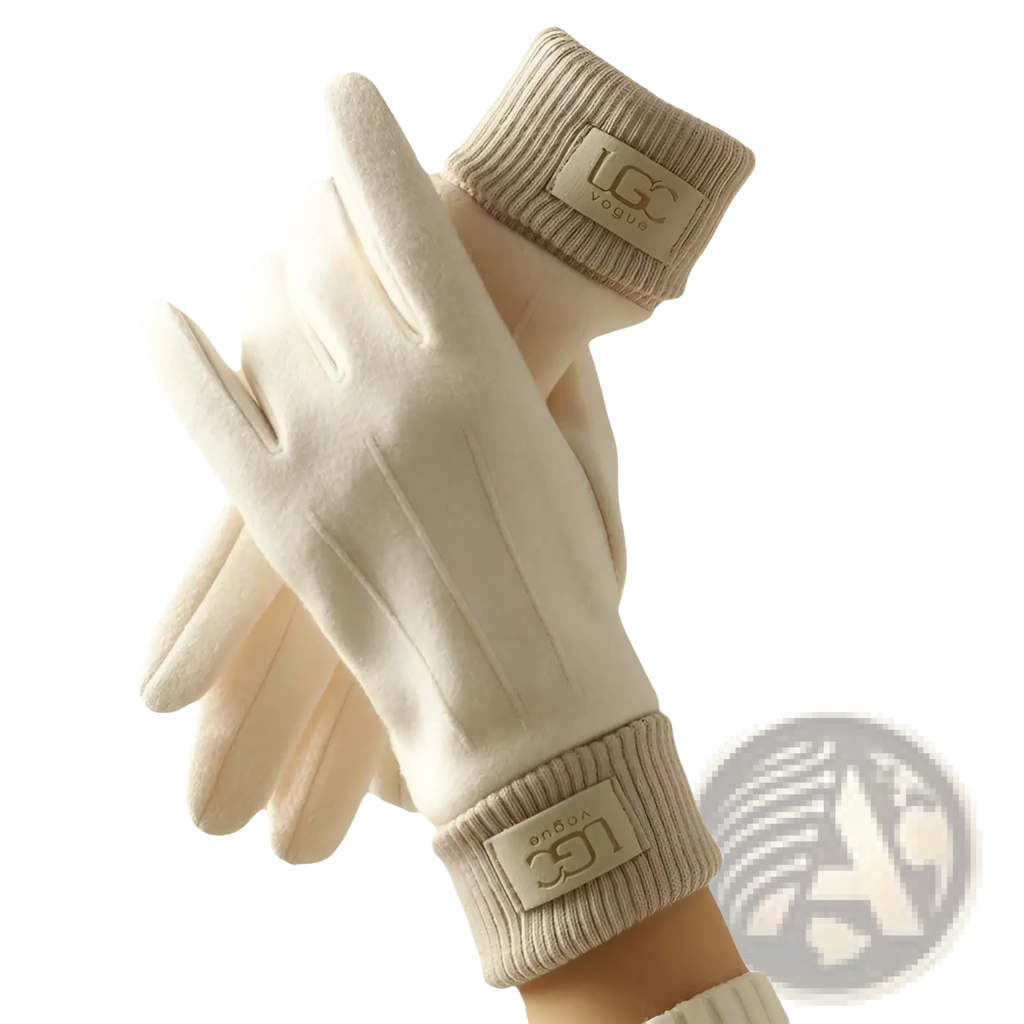 Beige ugg vogue cashmere look mens winter thermal gloves with ribbed cuffs and soft plush texture shown from the back