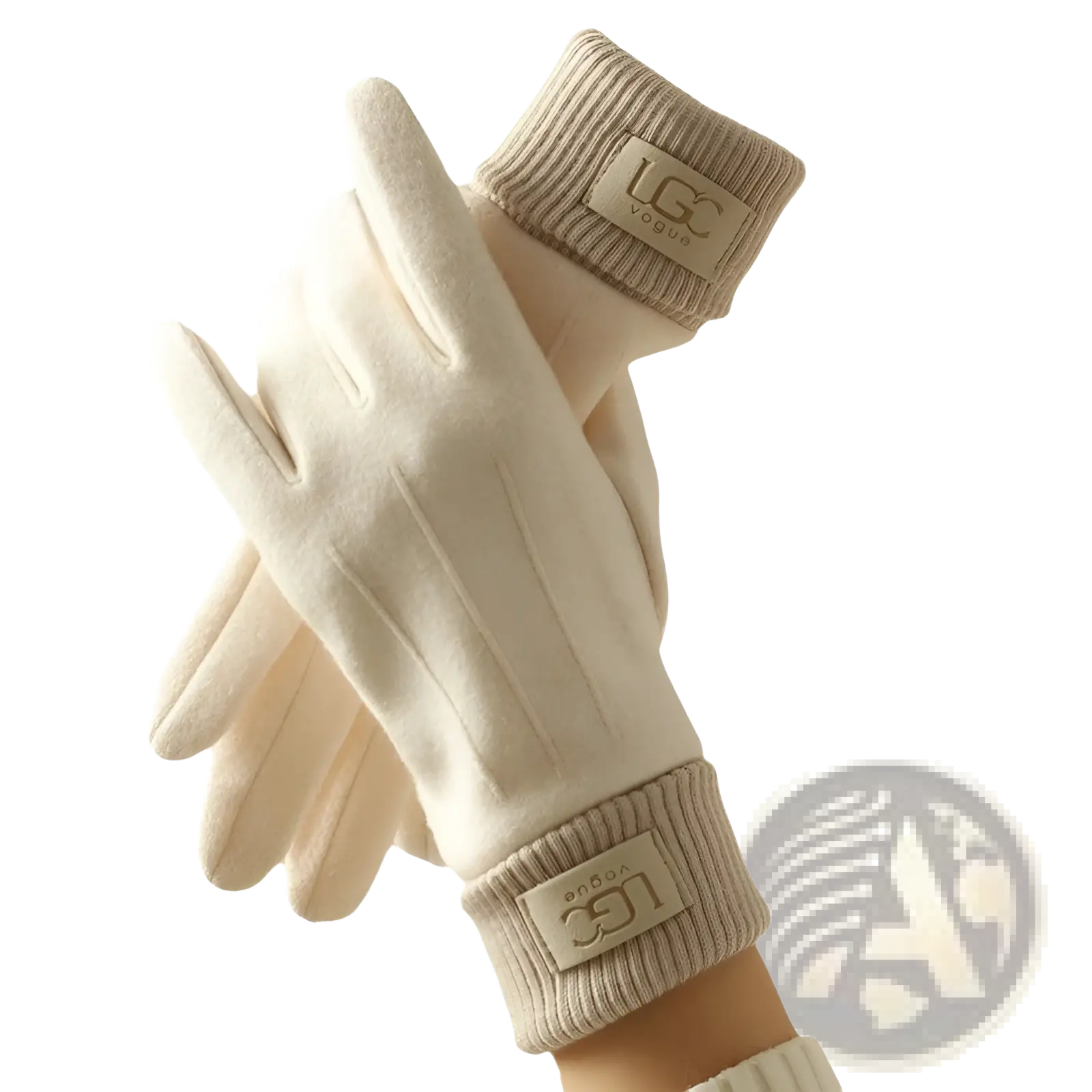 Beige ugg vogue cashmere look mens winter thermal gloves with ribbed cuffs and soft plush texture shown from the back