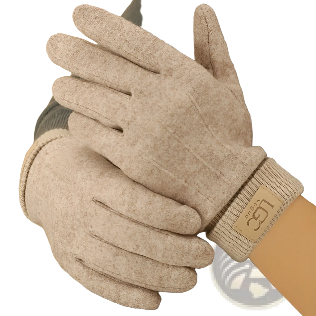 Beige cashmere look mens winter thermal gloves with ribbed cuff and brand patch on the wrist backside