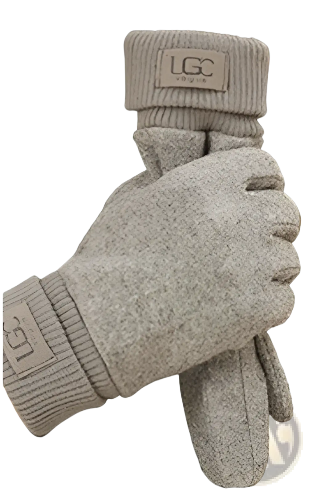 Gray ugg knit cashmere look mens winter thermal gloves with ribbed cuffs and branded patch on the back side