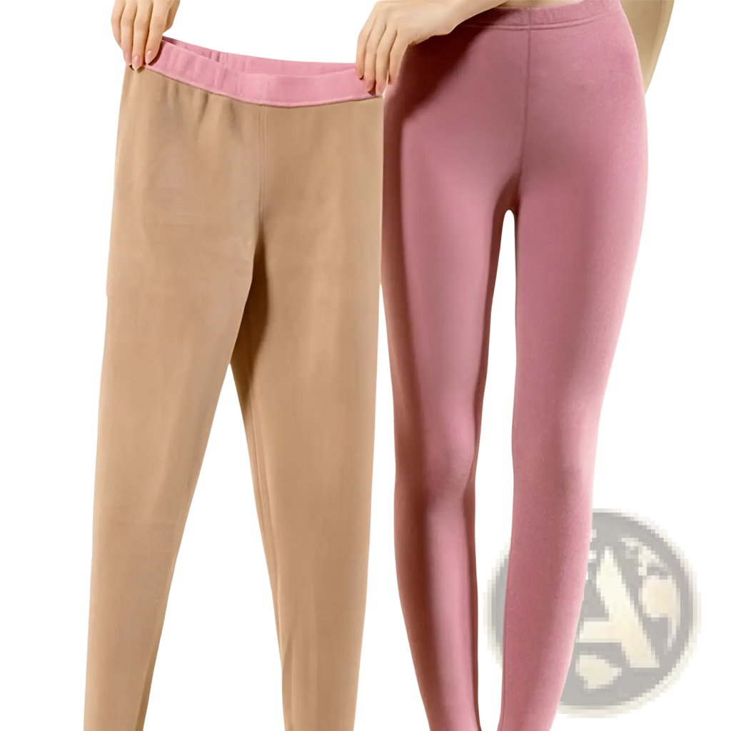 Beige and pink cashmere thermal fleece leggings for women with soft stretchy fabric and elastic waistband