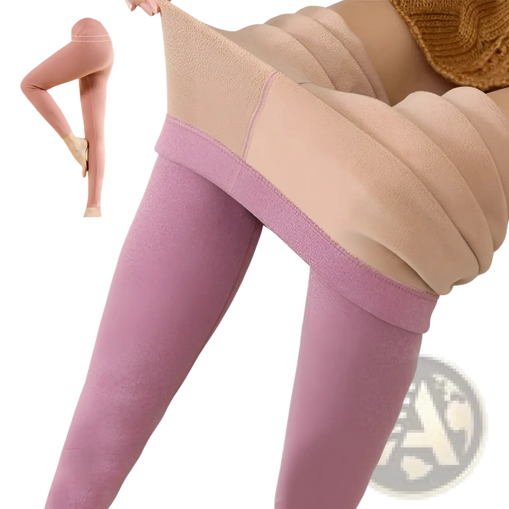Cashmere thermal fleece leggings for women in pink and beige with plush fleece-lined interior for warmth