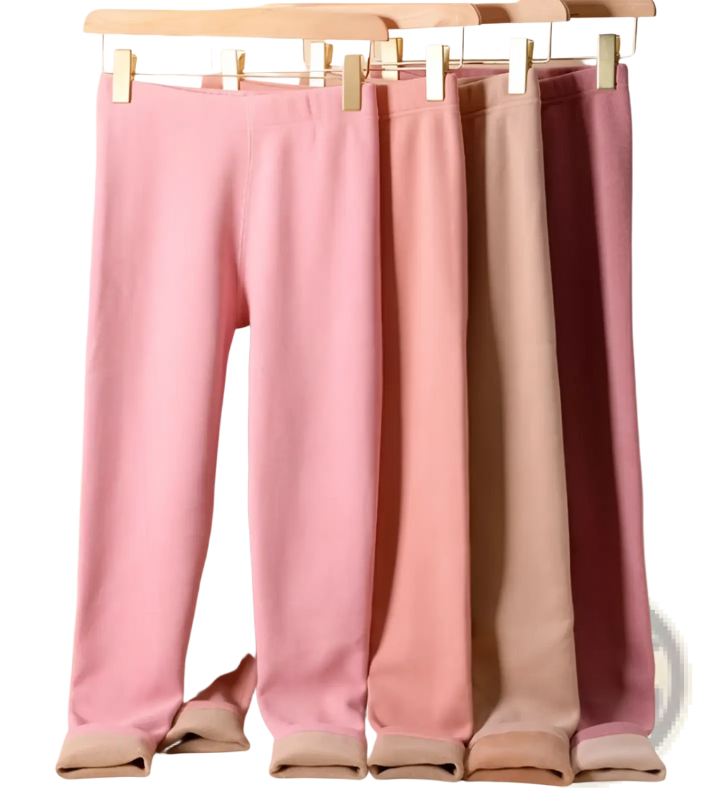 Pink cashmere thermal fleece leggings for women with soft fabric and cozy ribbed waistband and matching cuffs