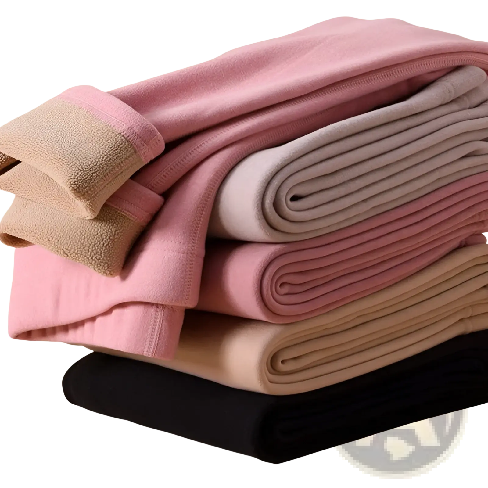 Stack of cashmere thermal fleece leggings for women in pastel pink beige and black showing plush fleece lining