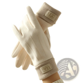Beige cashmere touch screen winter gloves for women with ribbed cuffs and soft plush texture showing back side