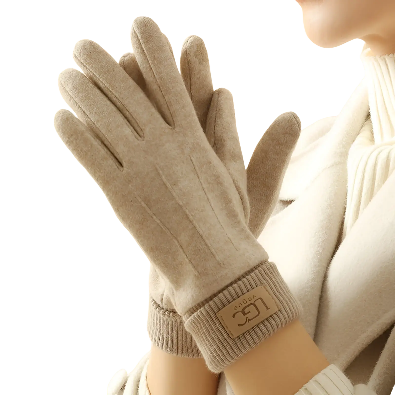 Beige cashmere touch screen winter gloves for women with ribbed cuffs and leather patch at the wrist shown from the back