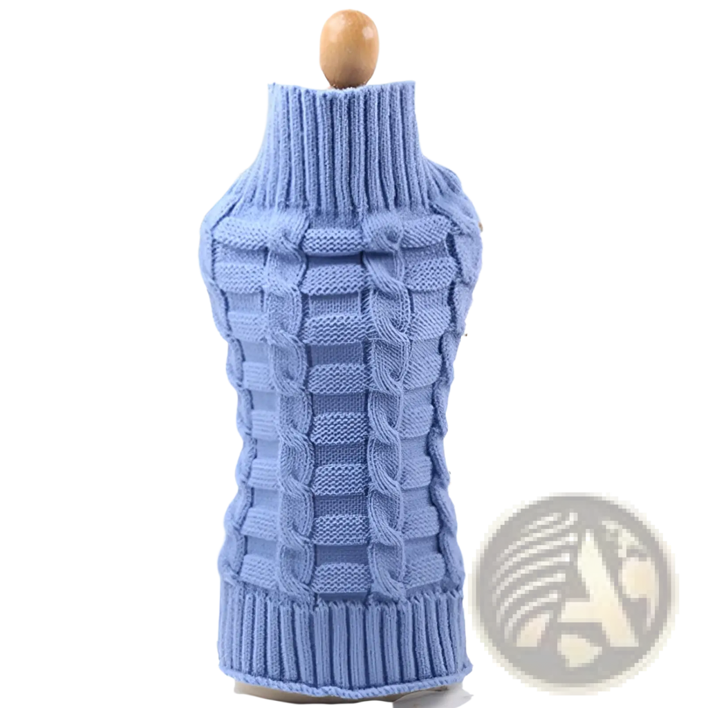 Light blue cashmere twisted rope dog sweater with high collar and intricate cable knit pattern on wooden mannequin