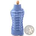 Light blue cashmere twisted rope dog sweater with high collar and intricate cable knit pattern on wooden mannequin