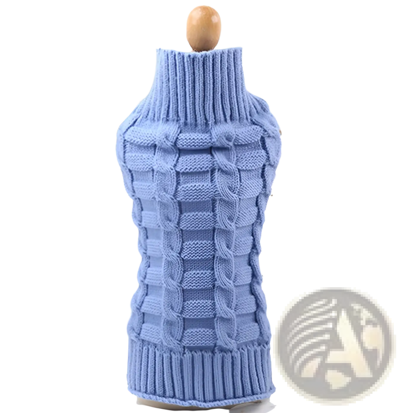 Light blue cashmere twisted rope dog sweater with high collar and intricate cable knit pattern on wooden mannequin