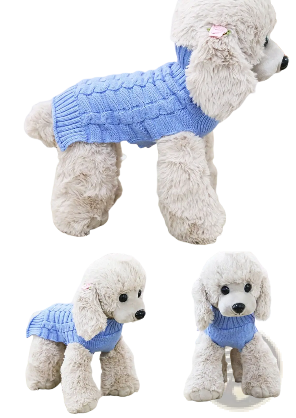 Light blue cashmere twisted rope knitted sweater for poodle shown from the back side