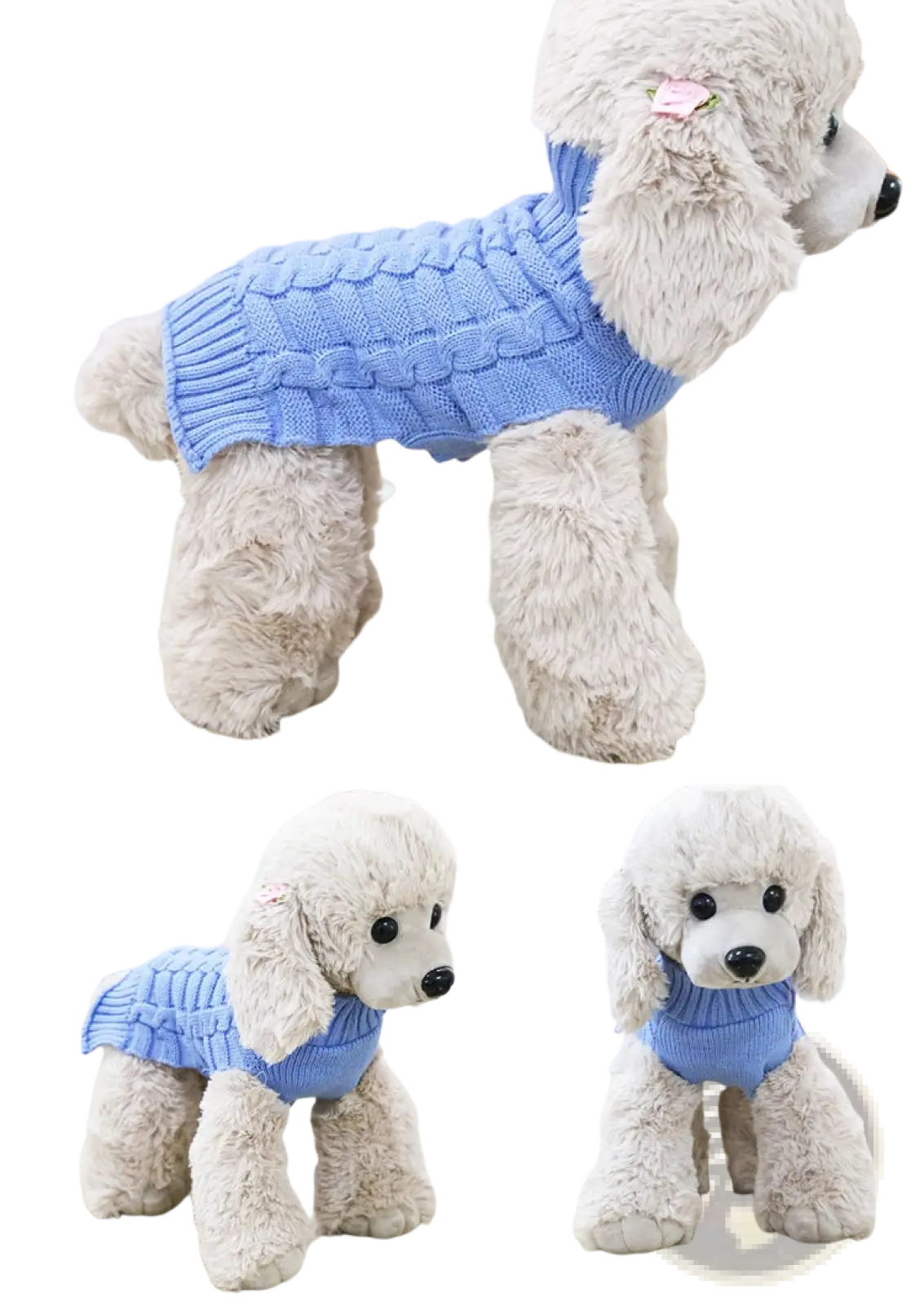 Light blue cashmere twisted rope knitted sweater for poodle shown from the back side