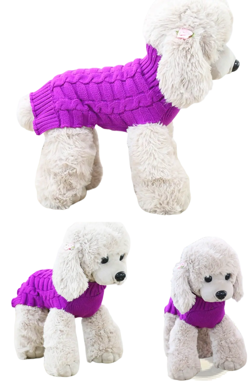 Purple cashmere twisted rope knitted sweater for poodle showing the back side of the dog sweater